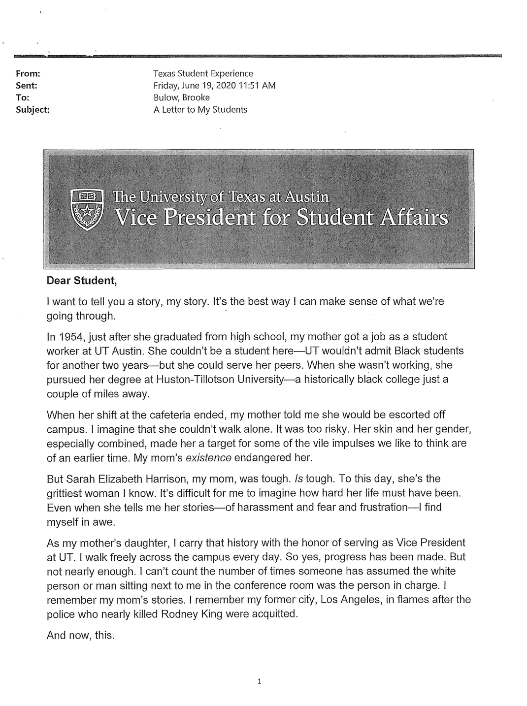 A Letter to My Students from Brooke Bulow, Vice President for Student Affairs